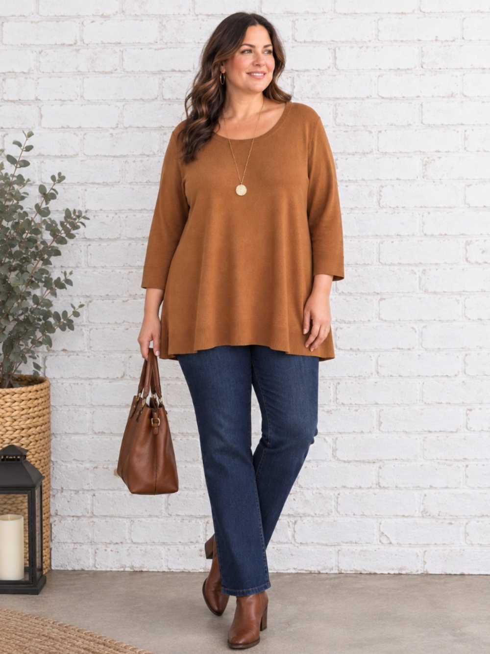 Dressbarn Camel Brown Tunic Top 3X Plus Size Scoop Neck Ribbed Hem